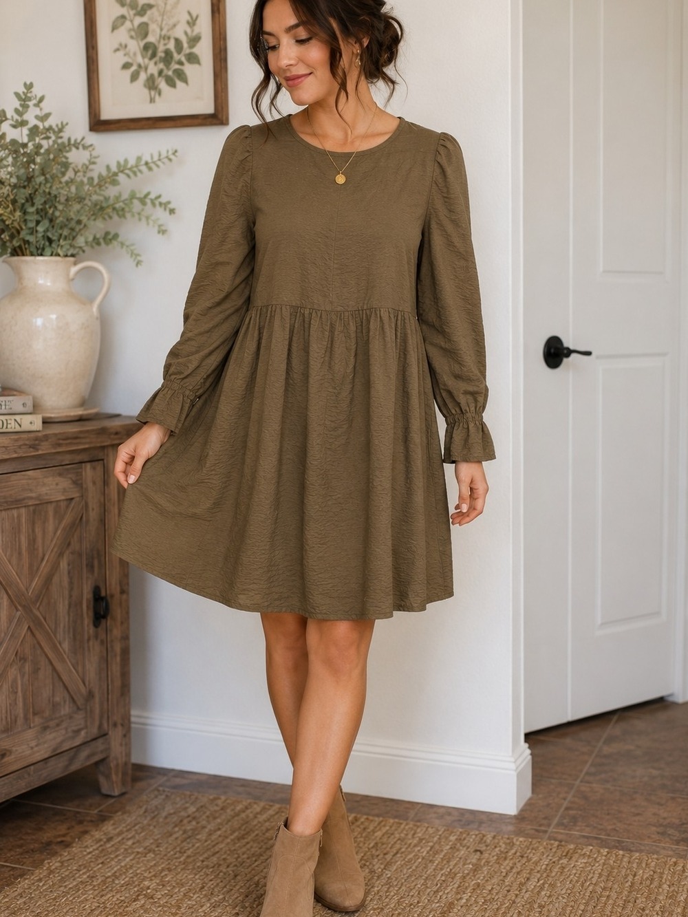 LACAUSA Olive Green Babydoll Dress Women's XS Long Sleeve Puff Sleeve Made in US